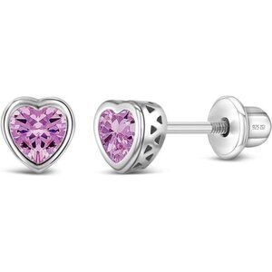 925 Sterling Silver 5mm Girls CZ Heart Earrings Simulated Birthstone Bezel
